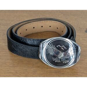 Award Design Medals Belt Buckle On Tooled Leather Belt Size 42-44 Made In USA